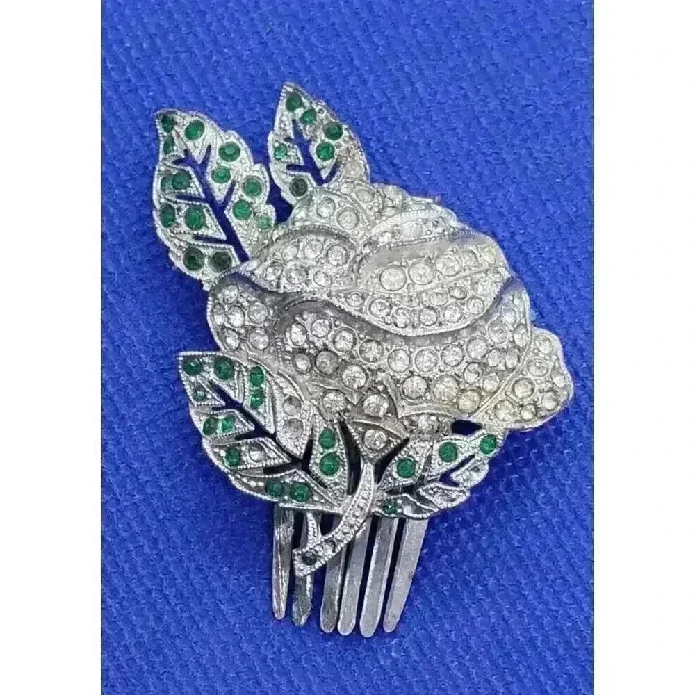 VTG Antique Rhinestone Roses Floral Hair Ornament Comb Pin Rhodium Plate Bride